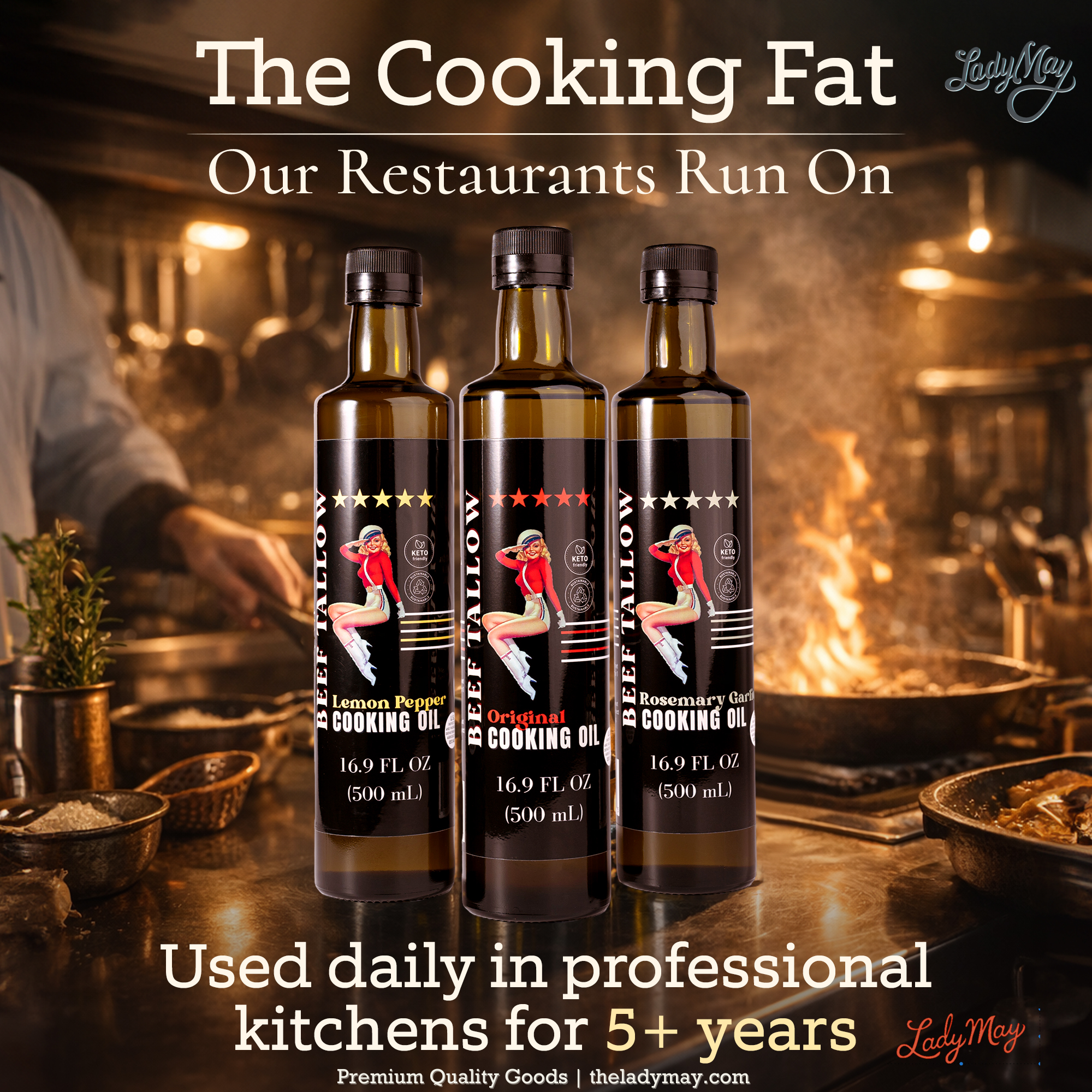 Lady May Tallow Cooking Oil Trio Bundle | Grass-Fed Beef Tallow & Olive Oil | Original, Rosemary Garlic & Lemon Pepper | Clean High-Heat Cooking from Our Restaurant Kitchen