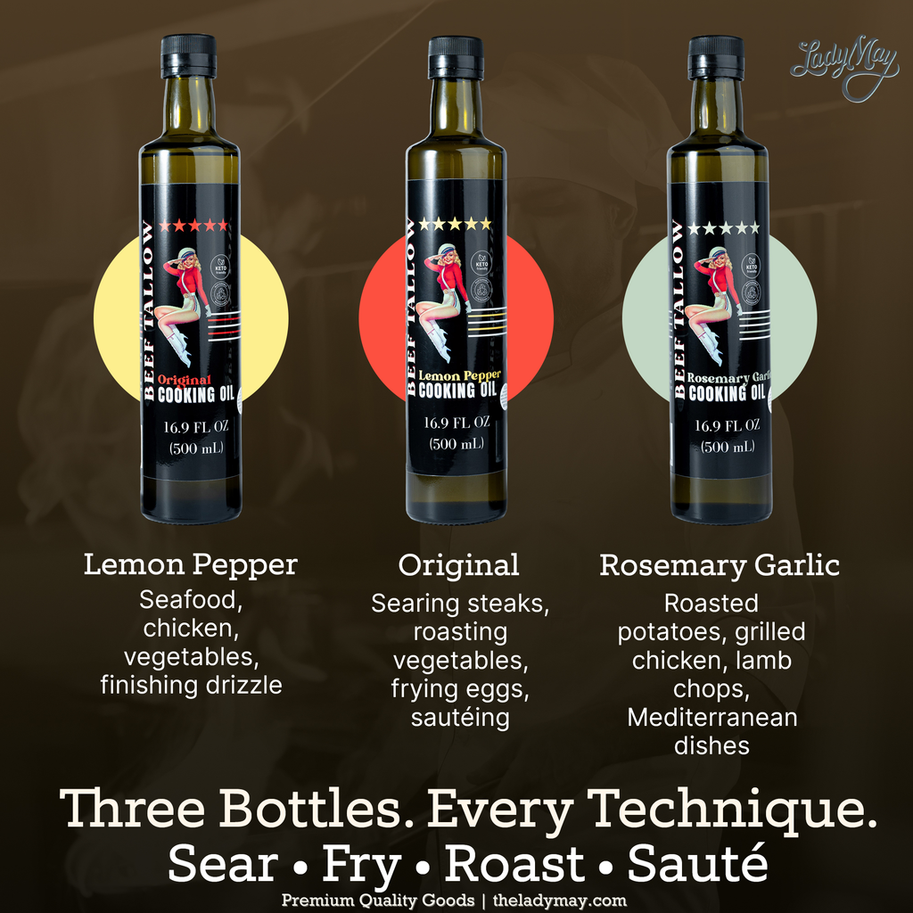Lady May Tallow Cooking Oil Trio Bundle | Grass-Fed Beef Tallow & Olive Oil | Original, Rosemary Garlic & Lemon Pepper | Clean High-Heat Cooking from Our Restaurant Kitchen